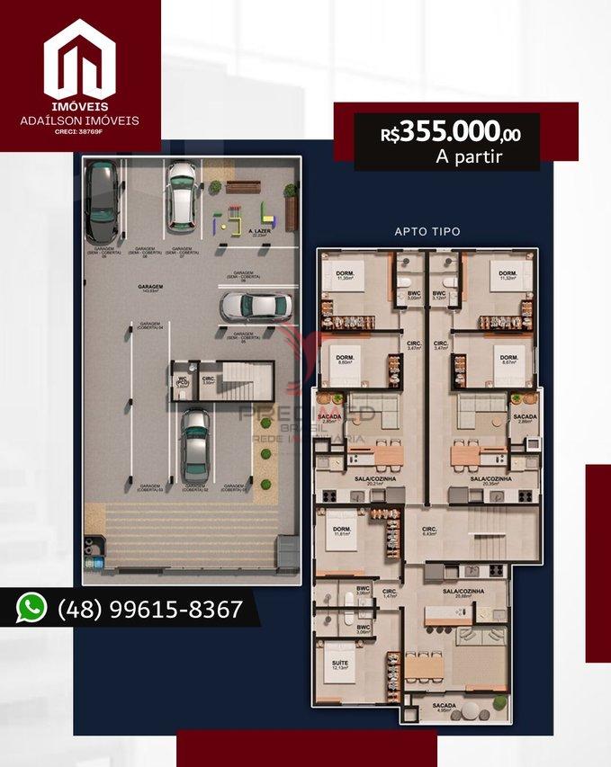 Apartamentos à venda, em São José-SC, no Bairro Serraria, com 2 quartos, sendo 1 suíte Rua Amarildo Rohling Guizoni São José - 