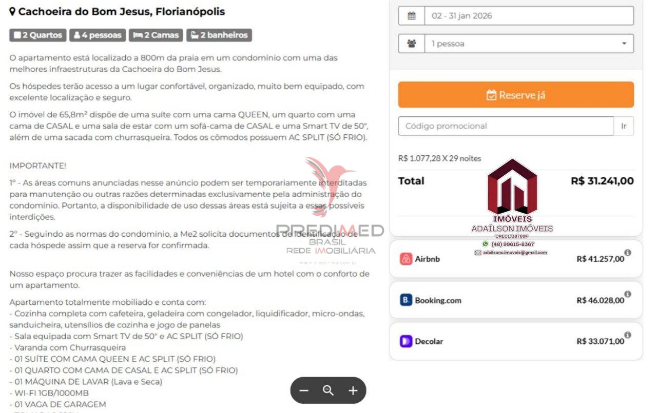 Apartamentos mobiliado 800 metros da praia cachoeira do bom jesus Florian&oacute;polis SC Rua Leonel Pereira Florianópolis - 
