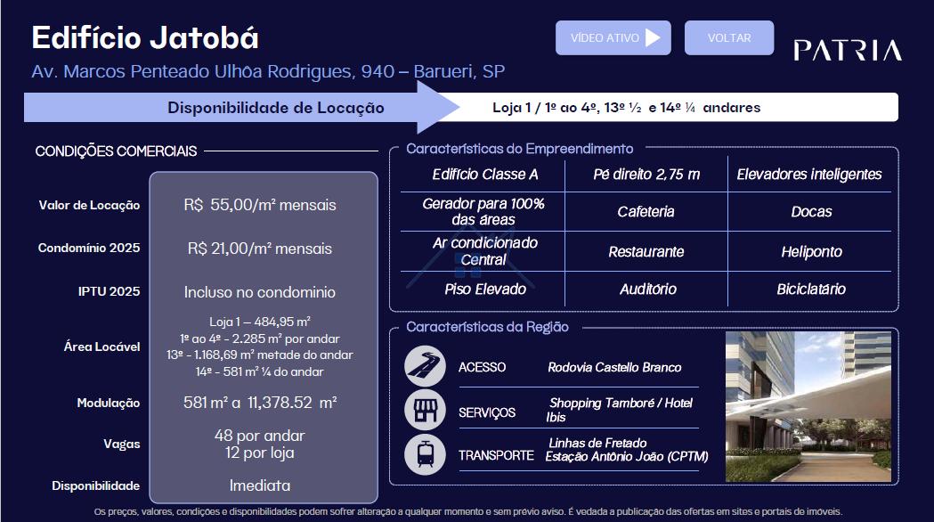 Andar Comercial Mobiliado no Castelo Branco Office Park – Torre Jatobá Avenida Marcos Penteado de Ulhôa Rodrigues Barueri - 